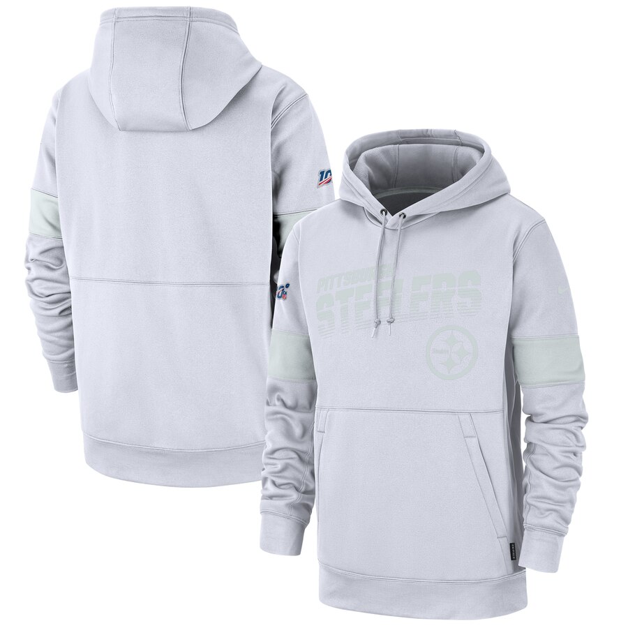 Men's Pittsburgh Steelers White 2019 100th Season Sideline Platinum Therma Pullover Hoodie